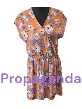 Propaganda Orange/Purple Floral Crossover V Neck Wrap Style Dress (L)